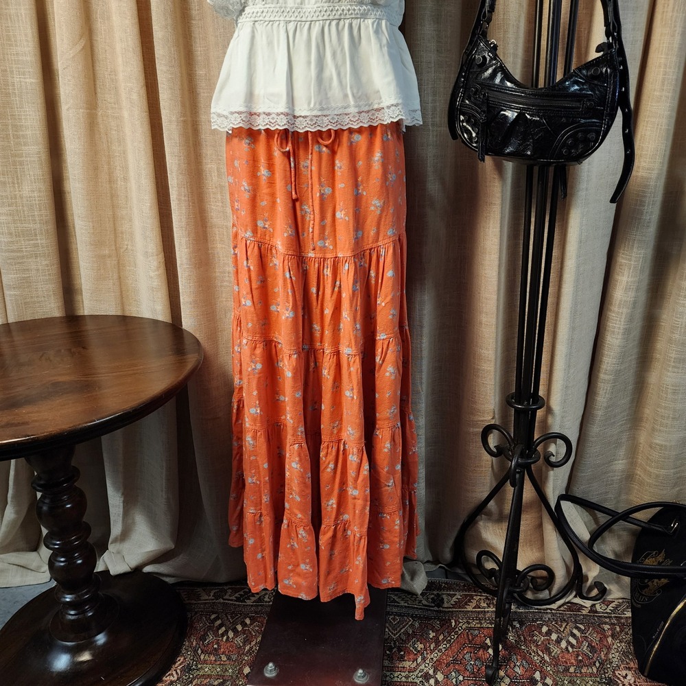 Free People Women Small Orange Floral Linen Blend NOVA Maxi Skirt Drawstring